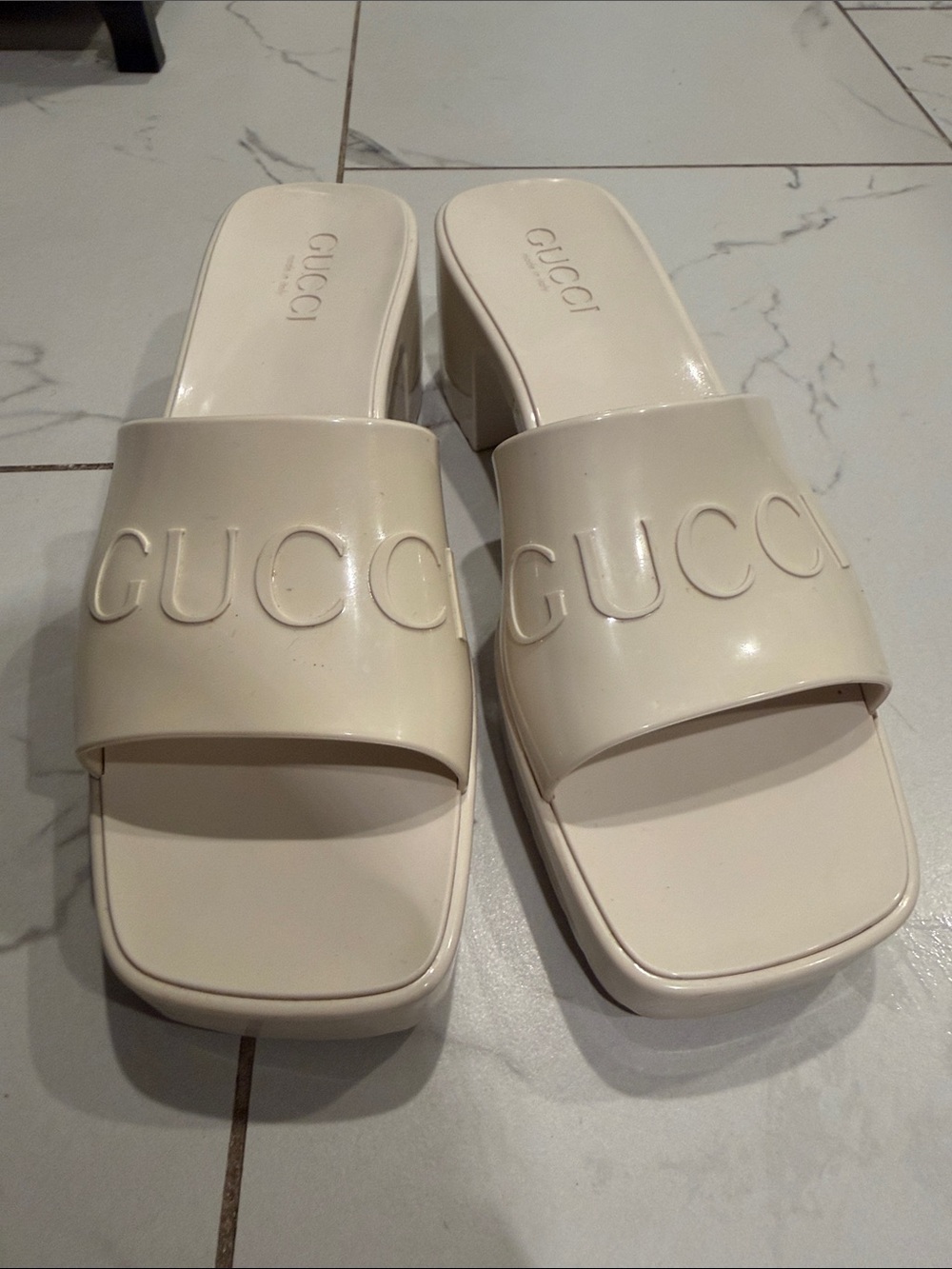 Gucci Cream Logo Embossed Block Heel Slide Mules